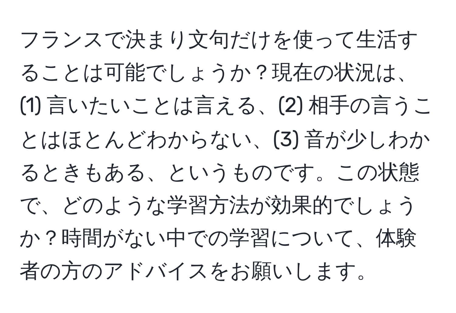 フランスで決まり文句だけを使って生活することは可能でしょうか？現在の状況は、(1) 言いたいことは言える、(2) 相手の言うことはほとんどわからない、(3) 音が少しわかるときもある、というものです。この状態で、どのような学習方法が効果的でしょうか？時間がない中での学習について、体験者の方のアドバイスをお願いします。