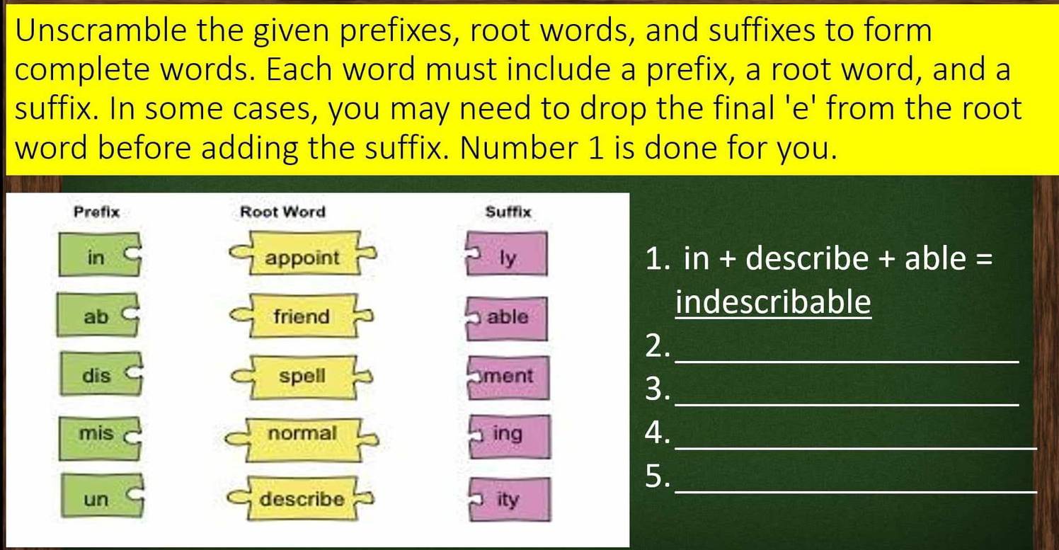 Unscramble the given prefixes, root words, and suffixes to form 
complete words. Each word must include a prefix, a root word, and a 
suffix. In some cases, you may need to drop the final 'e' from the root 
word before adding the suffix. Number 1 is done for you. 
Prefix Root Word Suffix 
in appoint ly 1. in + describe + able = 
ab friend able 
indescribable 
2._ 
dis spell ment 
3._ 
mis normal ing_ 
4. 
5._ 
un describe ity