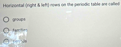 Horizontal (right & left) rows on the periodic table are called
groups
families
perads