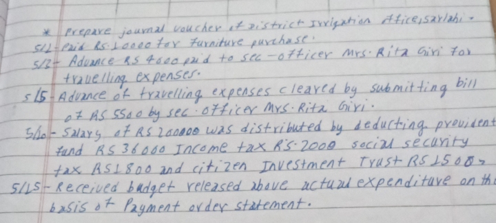 Prepare journal voucher ifvistrict Irrigation ffice,sarlahi- 
51LPaid As. L0000 for furniture parthase. 
513+ Advance As 4000 pad to sec-officer Mrs Rita Giri for 
triuelling expenses. 
515 Advance of travelling expenses cleared by submitting bill 
of AS SSoo by sec officer Mrs. Rita Giri. 
sho-sulars of RS 200000 was distributed by deducting provident 
fund RS 36 000 Income tax RS 2000 socia security 
fax AS1 800 and citizen Investment Trust RS LS0B. 
slS Received budger released above actual expenditure on th 
basis of payment order statement.