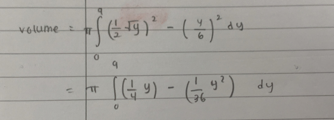 volume =π ∈t^9( 1/2 sqrt(y))^2-( 4/6 )^2dy
=π ∈tlimits _0^(9(frac 1)4y)-( 1/36 y^2)dy