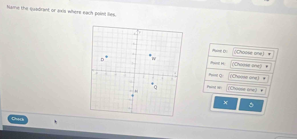 Name the quadrant or axis where each point lies. 
Point D : (Choose one) 
Point H : (Choose one) 
Point Q : (Choose one) 
(Choose one) 
Point W : 
× 
Check