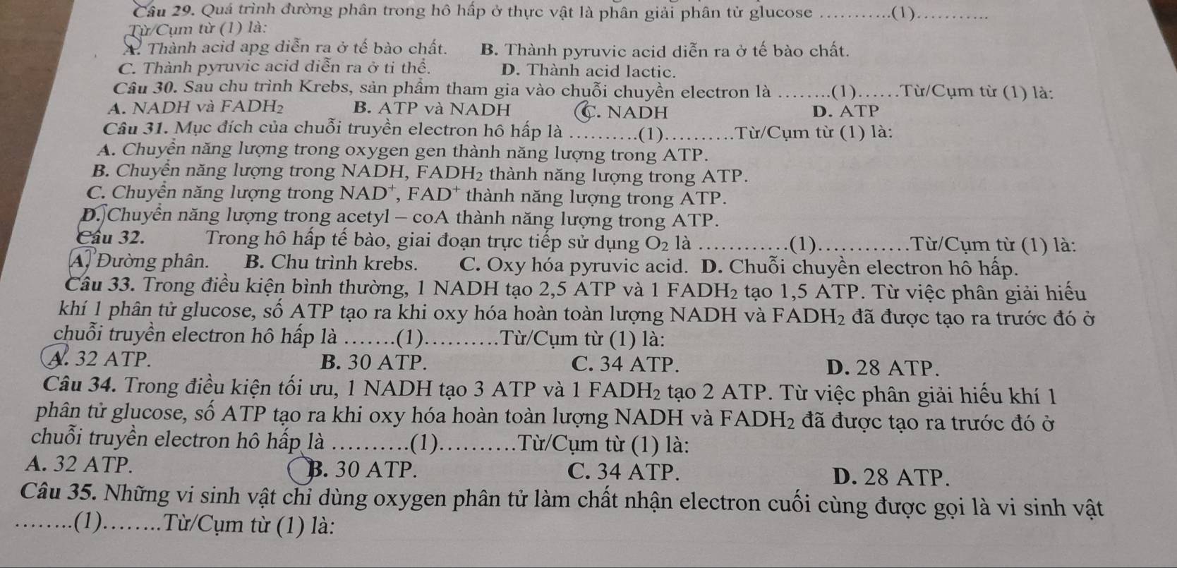 Quá trình đường phân trong hô hấp ở thực vật là phân giải phân tử glucose _.(1)_
Từ/Cụm từ (1) là:
A Thành acid apg diễn ra ở tế bào chất. B. Thành pyruvic acid diễn ra ở tế bào chất.
C. Thành pyruvic acid diễn ra ở ti thể. D. Thành acid lactic.
Câu 30. Sau chu trình Krebs, sản phầm tham gia vào chuỗi chuyền electron là _.(1)……Từ/Cụm từ (1) là:
A. NADH và FADH₂ B. ATP và NADH C. nADH D. ATP
Câu 31. Mục đích của chuỗi truyền electron hô hấp là _(1) _ Từ/Cụm từ (1) là:
A. Chuyển năng lượng trong oxygen gen thành năng lượng trong ATP.
B. Chuyển năng lượng trong NADH, FADH₂ thành năng lượng trong ATP.
C. Chuyễn năng lượng trong NAD*, FAD* thành năng lượng trong ATP.
D. Chuyễn năng lượng trong acetyl - coA thành năng lượng trong ATP.
Cầu 32. Trong hô hấp tế bào, giai đoạn trực tiếp sử dụng O_2 là _(1)_  Từ/Cụm từ (1) là:
A. Đường phân. B. Chu trình krebs. C. Oxy hóa pyruvic acid. D. Chuỗi chuyền electron hô hấp.
Câu 33. Trong điều kiện bình thường, 1 NADH tạo 2,5 ATP và 1 FADH₂ tạo 1,5 ATP. Từ việc phân giải hiếu
khí 1 phân tử glucose, số ATP tạo ra khi oxy hóa hoàn toàn lượng NADH và FADH₂ đã được tạo ra trước đó ở
chuỗi truyền electron hô hấp là _(1)_ .Từ/Cụm từ (1) là:
A. 32 ATP. B. 30 ATP. C. 34 ATP. D. 28 ATP.
Câu 34. Trong điều kiện tối ưu, 1 NADH tạo 3 ATP và 1 FADH₂ tạo 2 ATP. Từ việc phân giải hiếu khí 1
phân tử glucose, số ATP tạo ra khi oxy hóa hoàn toàn lượng NADH và FADH_2 đã được tạo ra trước đó ở
chuỗi truyền electron hô hấp là _(1)_ : Từ/Cụm từ (1) là:
A. 32 ATP. B. 30 ATP. C. 34 ATP. D. 28 ATP.
Câu 35. Những vi sinh vật chỉ dùng oxygen phân tử làm chất nhận electron cuối cùng được gọi là vi sinh vật
_.(1)…….Từ/Cụm từ (1) là: