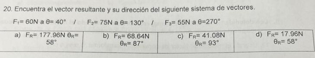 Encuentra el vector resultante y su dirección del siguiente sistema de vectores.
F_1=60N a θ =40° 1 F_2=75N a θ =130° F_3=55N a θ =270°