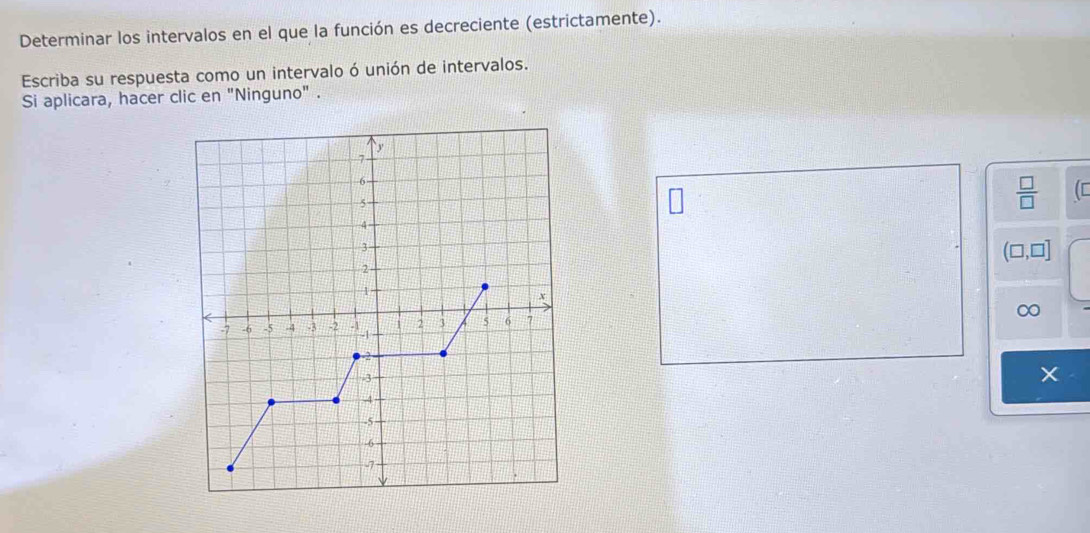 Determinar los intervalos en el que la función es decreciente (estrictamente). 
Escriba su respuesta como un intervalo ó unión de intervalos. 
Si aplicara, hacer clic en "Ninguno" .
y
7 -
6
5
 □ /□   ([
4
3
(□ ,□ ]
2
1
x
∞
-7 -6 -5 -4 -3 -2 - 2 3 5 6 7
-1
2
-3
-4
-5
-6
-7