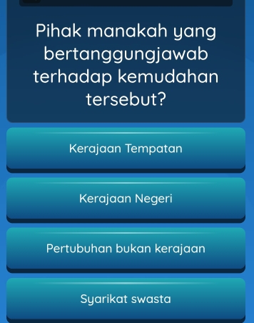 Pihak manakah yang
bertanggungjawab
terhadap kemudahan
tersebut?
Kerajaan Tempatan
Kerajaan Negeri
Pertubuhan bukan kerajaan
Syarikat swasta