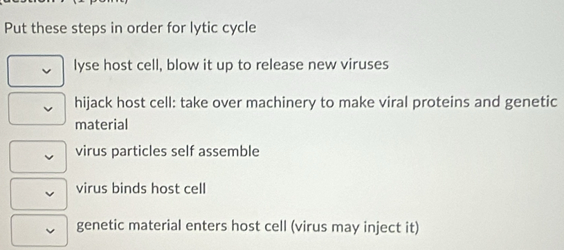 Put these steps in order for lytic cycle
lyse host cell, blow it up to release new viruses
hijack host cell: take over machinery to make viral proteins and genetic
material
virus particles self assemble
virus binds host cell
genetic material enters host cell (virus may inject it)