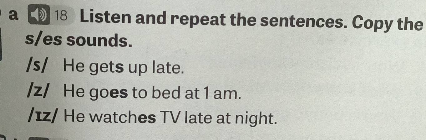 a [ 18 Listen and repeat the sentences. Copy the 
s/es sounds. 
/s/ He gets up late. 
/z/ He goes to bed at 1 am. 
/ɪz/ He watches TV late at night.