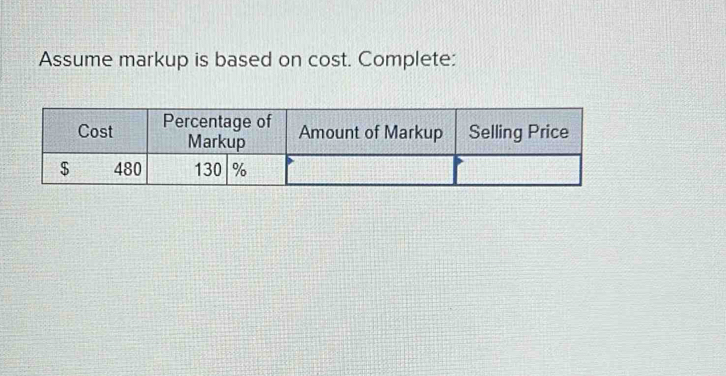 Assume markup is based on cost. Complete: