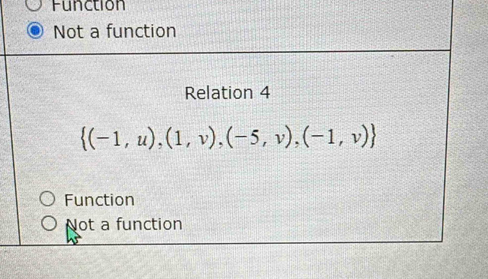 Function
Not a function
Relation 4
 (-1,u),(1,v),(-5,v),(-1,v)
Function
Not a function