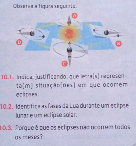 Observa a figura seguinte. 
10.1. Indica, justificando, que letra(s) represen- 
ta(m) situação(ões) em que ocorrem 
eclipses. 
10.2. Identifica as fases da Lua durante um eclipse 
lunar e um eclipse solar. 
10.3. Porque é que os eclipses não ocorrem todos 
os meses?