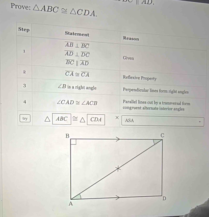 Prove: △ ABC≌ △ CDA.
varnothing ||AD.