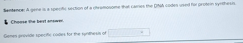 Sentence: A gene is a specific section of a chromosome that carries the DNA codes used for protein synthesis. 
Choose the best answer. 
Genes provide specific codes for the synthesis of □