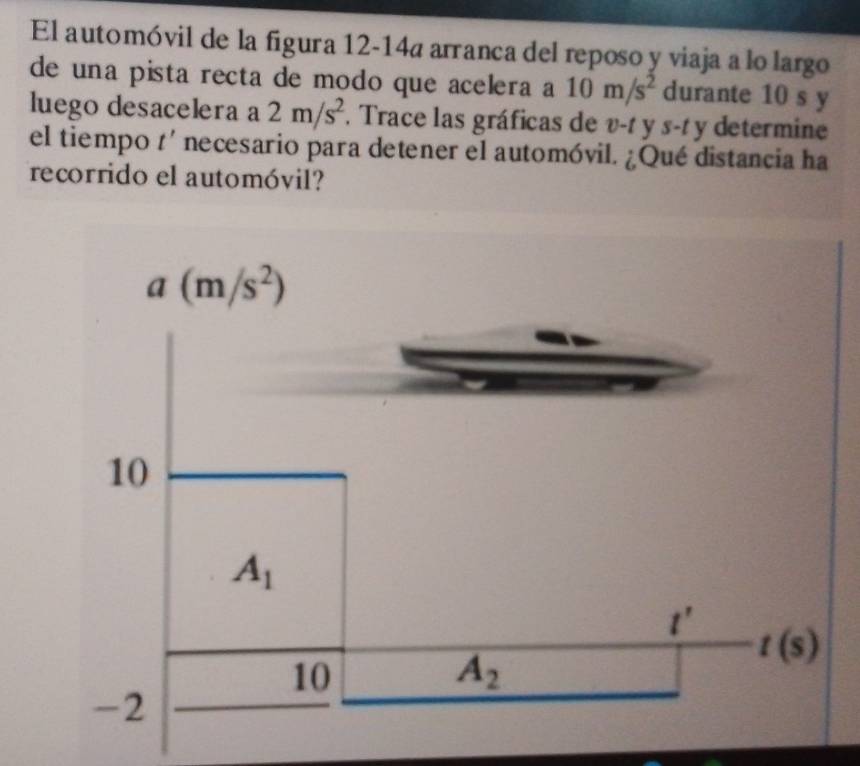 El automóvil de la figura 12-14a arranca del reposo y viaja a lo largo
de una pista recta de modo que acelera a 10m/s^2 durante 10 s y
luego desacelera a 2m/s^2. Trace las gráficas de v-t y s-t y determine
el tiempo t' necesario para detener el automóvil. ¿Qué distancia ha
recorrido el automóvil?