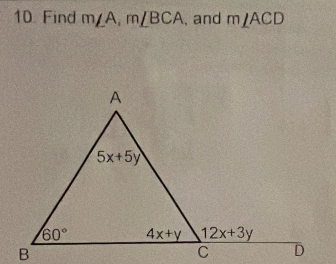 Find m∠ A,m∠ BCA , and m∠ ACD