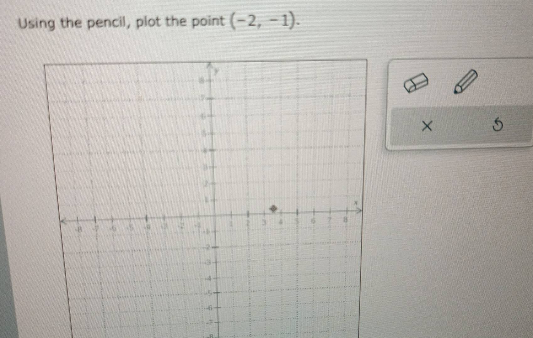 Using the pencil, plot the point (-2,-1). 
×
R