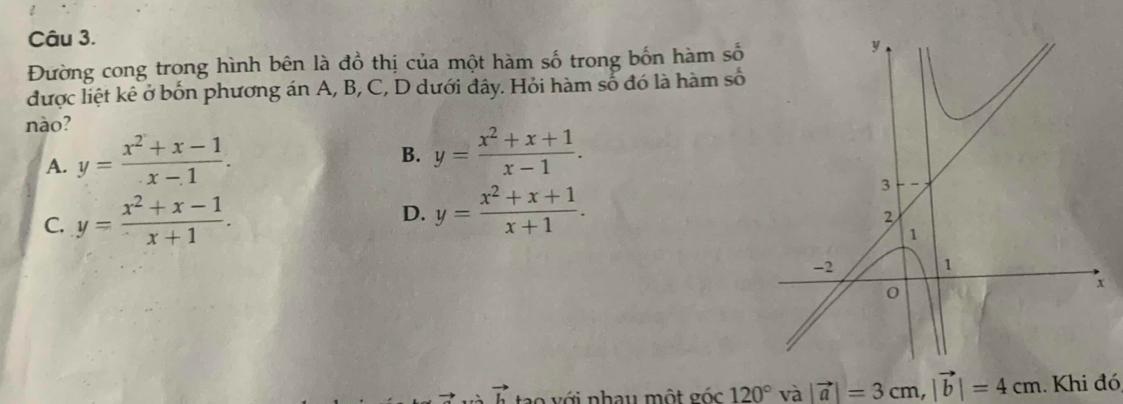 Đường cong trong hình bên là đồ thị của một hàm số trong bốn hàm số
được liệt kê ở bốn phương án A, B, C, D dưới đây. Hỏi hàm số đó là hàm số
nào?
A. y= (x^2+x-1)/x-1 .
B. y= (x^2+x+1)/x-1 .
C. y= (x^2+x-1)/x+1 .
D. y= (x^2+x+1)/x+1 . 
L tao với nhay một sec 120° và |vector a|=3cm, |vector b|=4cm. Khi đó