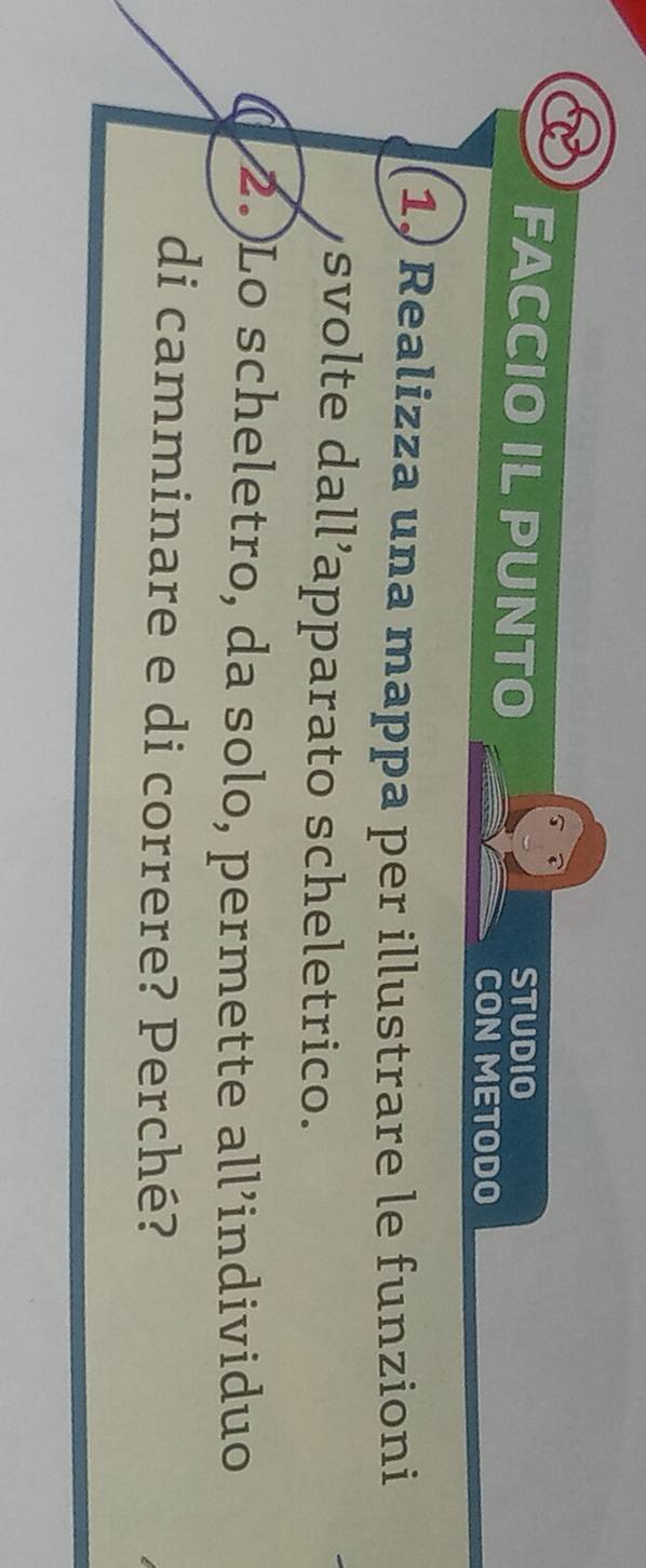 FACCIO IL PUNTO STUDIO 
CON METODO 
1) Realizza una mappa per illustrare le funzioni 
svolte dall’apparato scheletrico. 
2.)Lo scheletro, da solo, permette all’individuo 
di camminare e di correre? Perché?