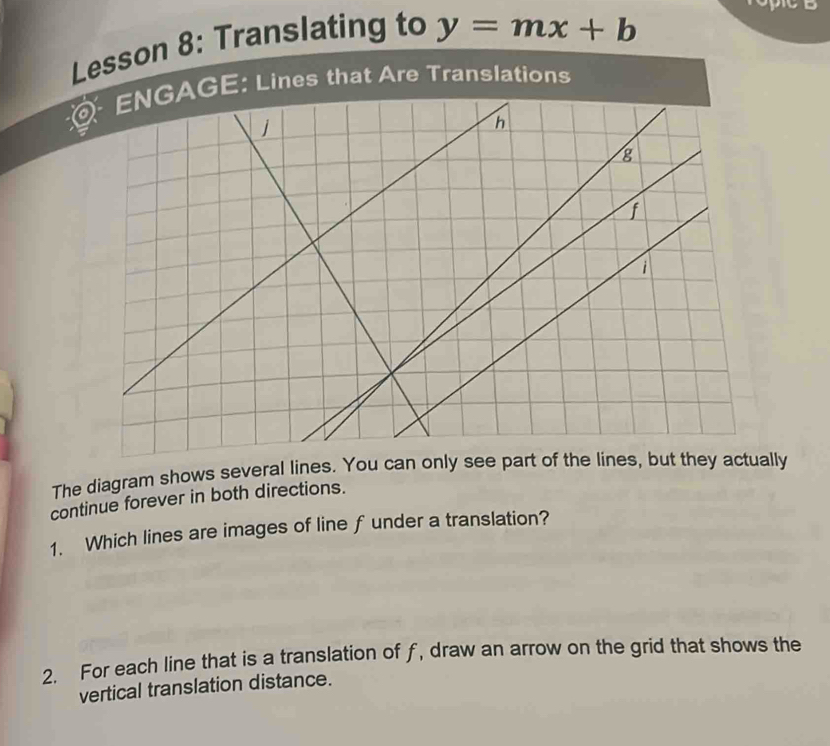 Lesson 8: Translating to y=mx+b
ENGAGE: Lines that Are Translations 
The diagram shows several lines. You can only see part of the lines, but they actually 
continue forever in both directions. 
1. Which lines are images of line f under a translation? 
2. For each line that is a translation of f, draw an arrow on the grid that shows the 
vertical translation distance.