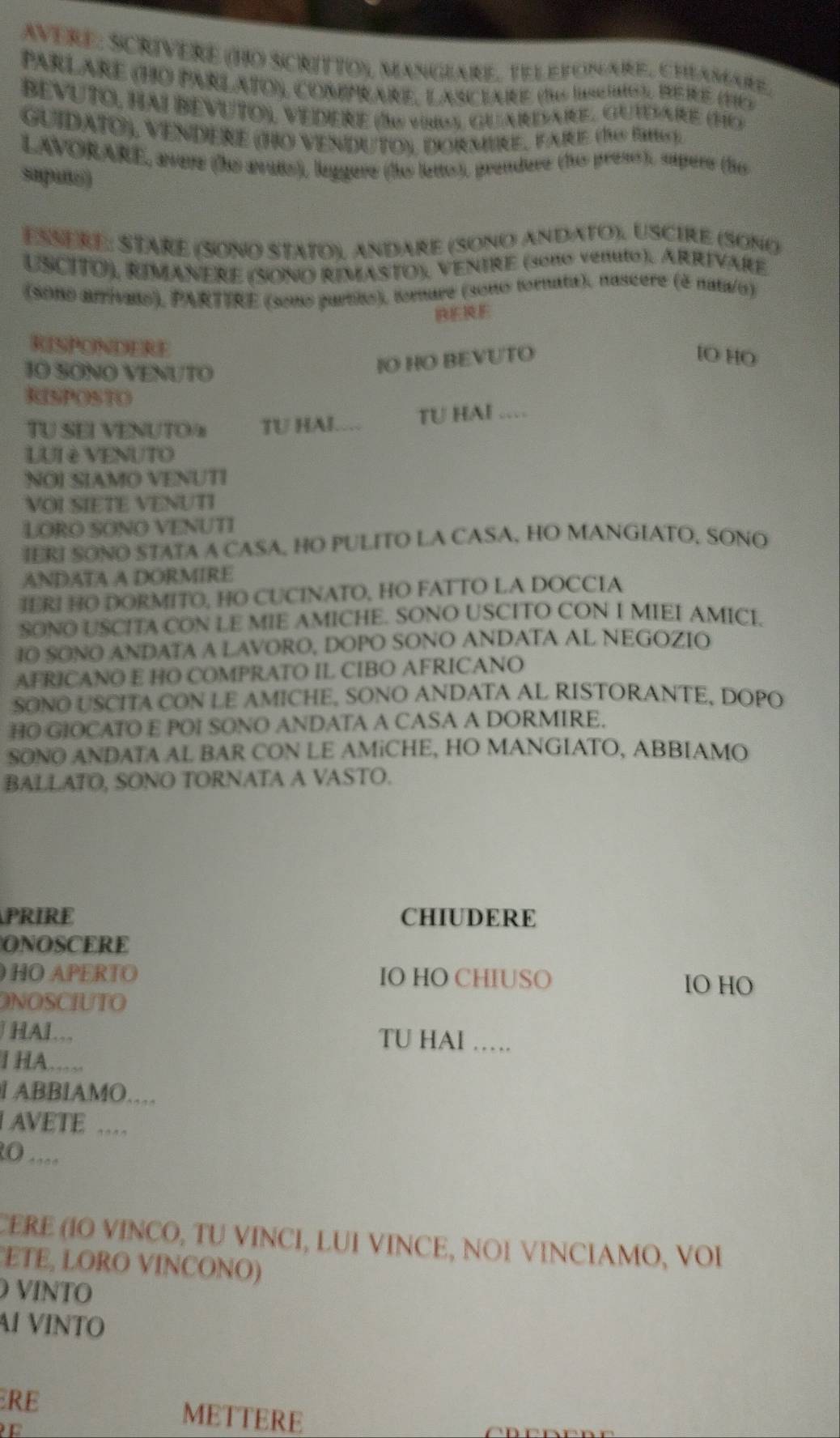 AVERE: SCRIVERE (HO ScrItTO), ManGeaRe, TELEfoNARe, ChlAMare.
Parlare (HO parlato), comprare, Lasciare (ths Iiscino), bere (HO
Bevuto, Hai Bevuto), vedere (Is v88, Guardare, Gudare (Ho 
GUidatO), venderE (HO venduto), dormre, Fae (1h9 Brec)
LAVORARE, avere (hs avuis), leggere (lhs letts), prendure (lus press), supere (lis
supuñ()
EßsèrÉ: ŠtaRé (Soño Stato), Andare (Sono Andato), UScIre (Soño
USCITO), RIMAÑERE (SONO RIMASTO), VENIRE (3010 veno). ARRIVARE
(5ono arrívado), PARTTRE (sono partio), tornare (sono tornata), nascere (é nata/o)
RISPONDERE
10 SONO VENUTO
IO HO BEVUTO
IO HO
RISPOSTO
TU SEI VENUTO TU HAI.. TU HAI ....
LUI è VENUTO
NOI SIAMO VENUTI
VOI SIETE VENUTI
LORO SONO VENUTI
IERJ SONO STATA A CASA, HO PULITO LA CASA, HO MANGIATO, SONO
ANDATA A DORMIRE
IERI HO DORMITO, HO CUCINATO, HO FATTO LA DOCCIA
SONO USCITA CON LE MIE AMICHE. SONO USCITO CON I MIEI AMICI.
IO SONO ANDATA A LAVORO, DOPO SONO ANDATA AL NEGOZIO
AFRICANO E HO COMPRATO IL CIBO AFRICANO
SONO USCITA CON LE AMICHE, SONO ANDATA AL RISTORANTE, DOPO
HO GIOCATO E POI SONO ANDATA A CASA A DORMIRE.
SONO ANDATA AL BAR CON LE AMiCHE, HO MANGIATO, ABBIAMO
BALLATO, SONO TORNATA A VASTO.
PRIRE CHIUDERE
ONOSCERE
HO APERTO IO HO CHIUSO IO HO
ONOSCIUTO
J HAI. TU HAl …
I HA…
l ABBIAMO……
I AVETE …
0 ....
CERE (IO VINCO, TU VINCI, LUI VINCE, NOI VINCIAMO, VOI
ETE, LORO VINCONO)
VINTO
AI VINTO
RE
C
METTERE