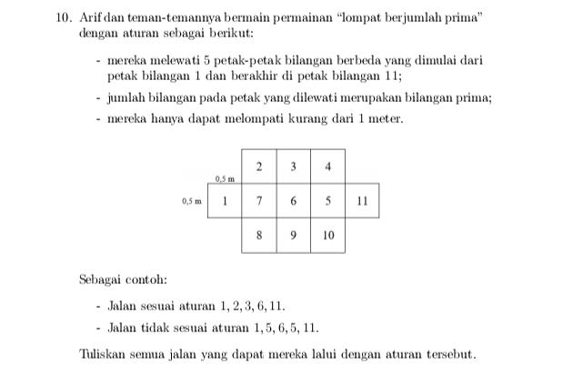 Arif dan teman-temannya bermain permainan “lompat berjumlah prima” 
dengan aturan sebagai berikut: 
mereka melewati 5 petak-petak bilangan berbeda yang dimulai dari 
petak bilangan 1 dan berakhir di petak bilangan 11; 
. jumlah bilangan pada petak yang dilewati merupakan bilangan prima; 
mereka hanya dapat melompati kurang dari 1 meter. 
Sebagai contoh: 
- Jalan sesuai aturan 1, 2, 3, 6, 11. 
- Jalan tidak sesuai aturan 1, 5, 6, 5, 11. 
Tuliskan semua jalan yang dapat mereka lalui dengan aturan tersebut.