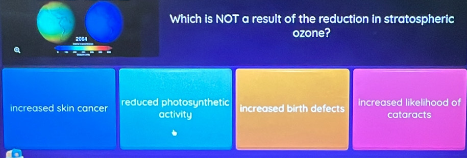 Which is NOT a result of the reduction in stratospheric
ozone?
2064
increased skin cancer reduced photosynthetic increased birth defects increased likelihood of
activity cataracts