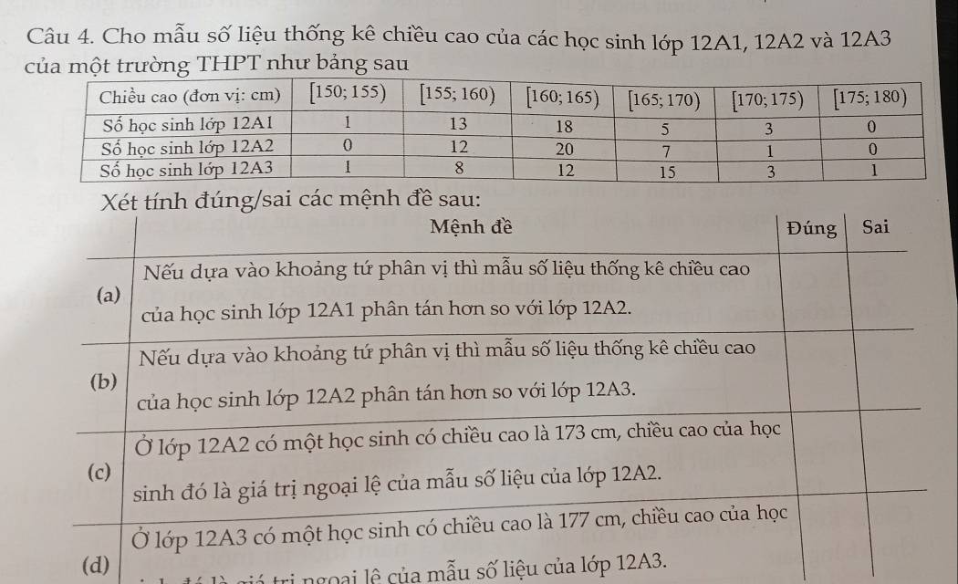 Cho mẫu số liệu thống kê chiều cao của các học sinh lớp 12A1, 12A2 và 12A3
của một trường THPT như bảng sau
(d)
lá trị ngoại lệ của mẫu số liệu của lớp 12