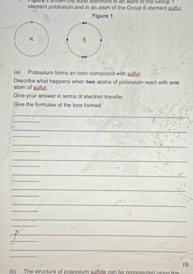 ure I shows the outer electrons in an alom of the Group 1 
element potassium and in an atom of the Group 6 element sulfur 
Figure 1
K
s 
(a) Potassium forms an ionic compound with sulfur 
Describe what happens when two atoms of potassium react with one 
atom of sulfur. 
Give your answer in terms of electron transfer. 
Give the formulae of the ions formed. 
__ 
_ 
_ 
__ 
_ 
_ 
_ 
_ 
_ 
_ 
_ 
_ 
_ 
_ 
_ 
_ 
_ 
_ 
_ 
_ 
_ 
_ 
_ 
_ 
__ 
_ 
(5) 
(b) The structure of potassium sulfide can be represented us n o