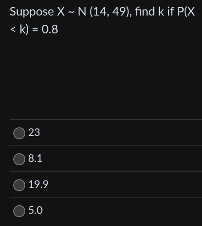 Suppose Xsim N(14,49) , find k if P(X

23
8.1
19.9
5.0