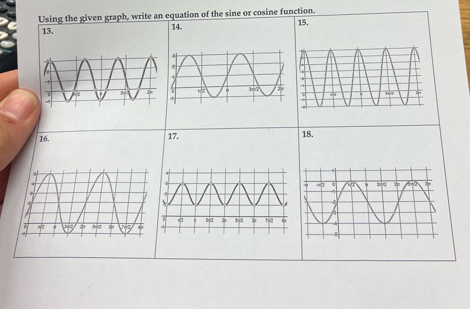 Using the given graph, write an equation of the sine or cosine function.
13. 14.
15.
16. 17.
18.