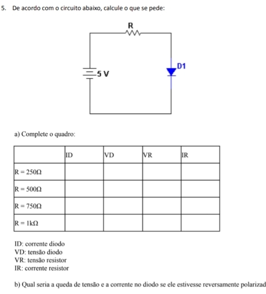 De acordo com o circuito abaixo, calcule o que se pede:
a) Complete o quadro:
ID: corrente diodo
VD: tensão diodo
VR: tensão resistor
IR: corrente resistor
b) Qual seria a queda de tensão e a corrente no diodo se ele estivesse reversamente polarizad