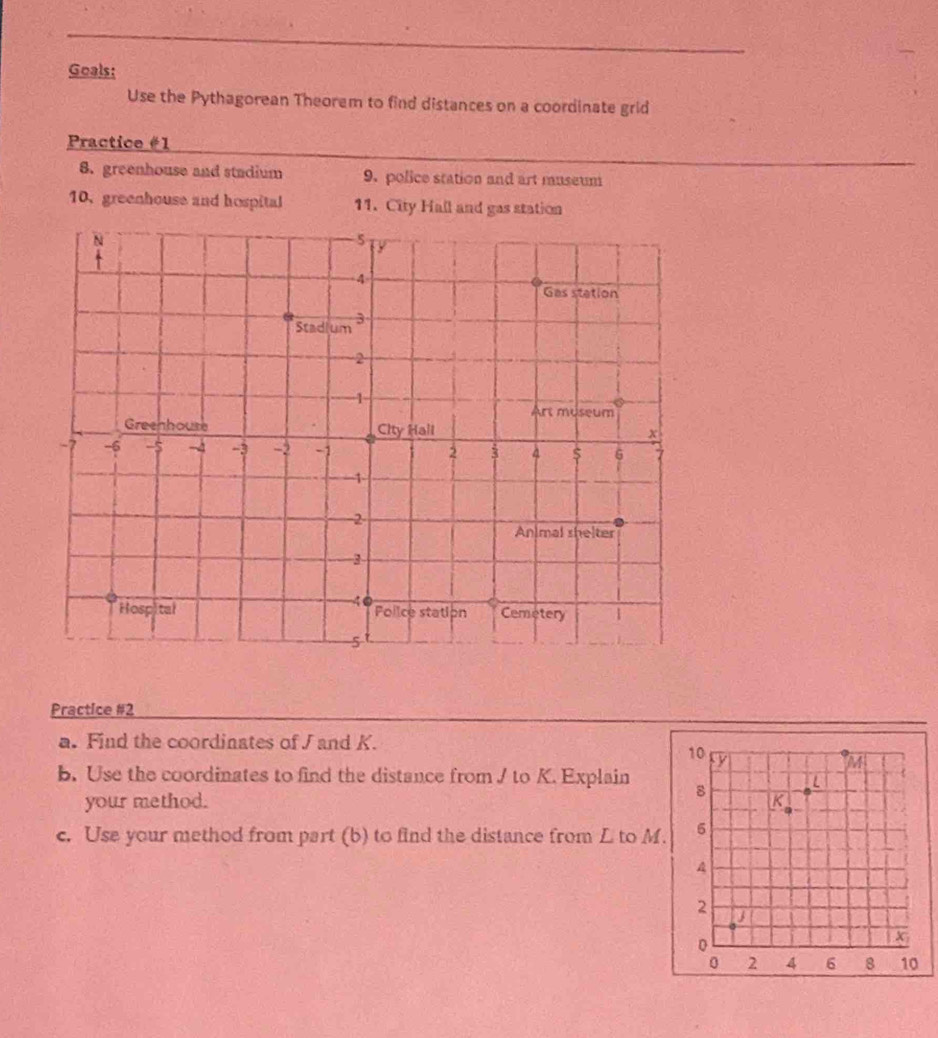 Geals: 
Use the Pythagorean Theorem to find distances on a coordinate grid 
Practice #1 
8. greenhouse and stadium 9. police station and art museum 
10, greenhouse and hospital 11. City Hall and gas station 
N 
5 y
A 
Gas station 
Stadium 3
2 
1 
Art museum 
Greenhouse City Hall
x
-7 -6 -5 -4 -3 -2 -1 2 3 $ 6
1
2 
Animal shelter
3
-4
Hospital Police station Cemetery 1 
5 
Practice #2 
a. Find the coordinates of J and K. 
b. Use the coordinates to find the distance from / to K. Explain 
your method. 
c. Use your method from part (b) to find the distance from L to M