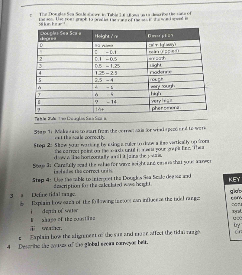 The Douglas Sea Scale shown in Table 2.6 allows us to describe the state of 
the sea. Use your graph to predict the state of the sea if the wind speed is
58 kmhour '. 
Table 2.6: The Douglas Sea Scale. 
Step 1: Make sure to start from the correct axis for wind speed and to work 
out the scale correctly. 
Step 2: Show your working by using a ruler to draw a line vertically up from 
the correct point on the x-axis until it meets your graph line. Then 
draw a line horizontally until it joins the y-axis. 
Step 3: Carefully read the value for wave height and ensure that your answer 
includes the correct units. 
Step 4: Use the table to interpret the Douglas Sea Scale degree and 
description for the calculated wave height. KEY 
3 a Define tidal range. 
b Explain how each of the following factors can influence the tidal range: glob con 
i depth of water cons 
syst 
ii shape of the coastline oce 
i weather. 
by 
c Explain how the alignment of the sun and moon affect the tidal range. 
cir 
4 Describe the causes of the global ocean conveyor belt.