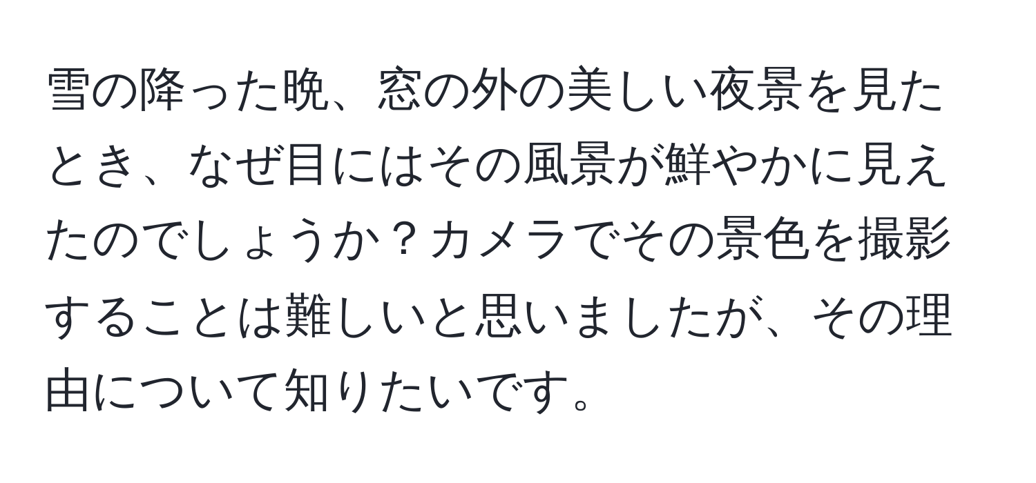 雪の降った晩、窓の外の美しい夜景を見たとき、なぜ目にはその風景が鮮やかに見えたのでしょうか？カメラでその景色を撮影することは難しいと思いましたが、その理由について知りたいです。