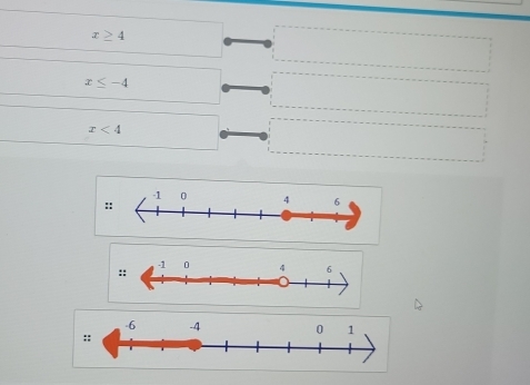 x≥ 4
x≤ -4
x<4</tex> 
: