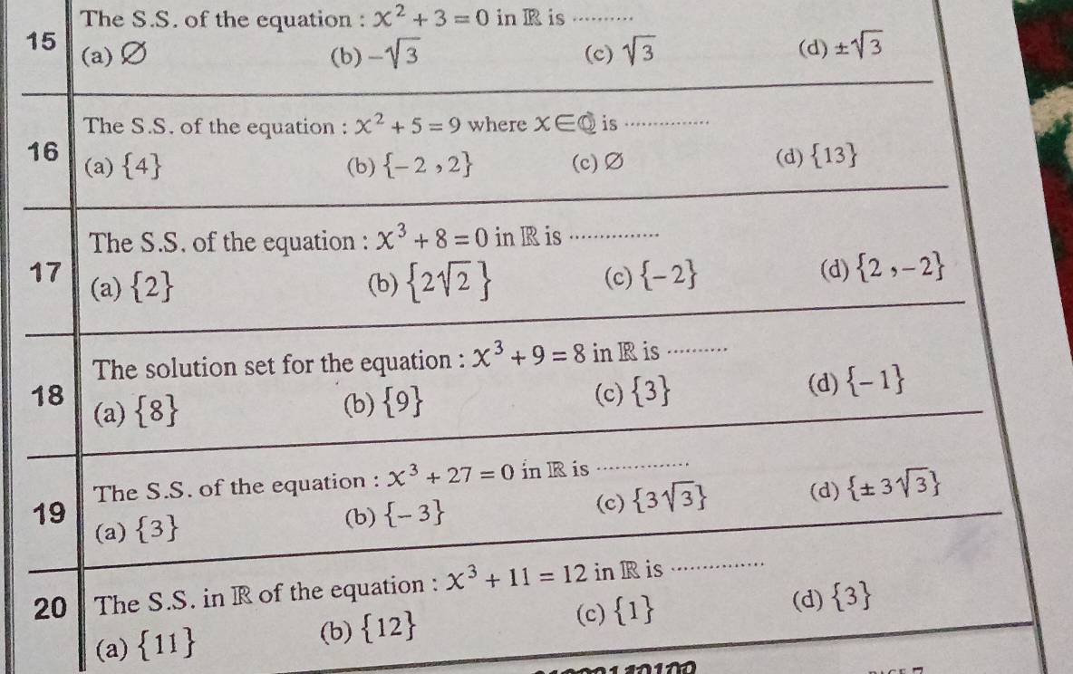 The S.S. of the equation : x^2+3=0 in R is .·..
1
1
(a)  11