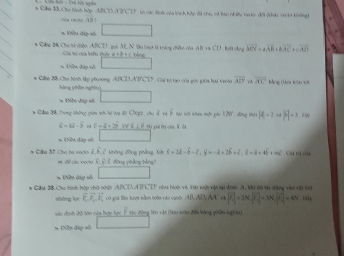 ABCDAA'B'C'D'
* Câu 33. Cho hình hệp  Có Cêu hới - Tứ lới noày  tà các đình của hình hập đã ch, có bao nhiều verto đổi (khác veci không)
_
của veclo vector AB
□ 
_
* Điền đáp số: □
_
* Cầu 34 Cho tử diện ABCD, gọi M, N lần lượt là trung điểm của AB và CD , tiết rằng vector MN=avector AB+bvector AC+cvector AD. Giá trị của biểu thực a+b+c Nnc
_
* Điền đáp số
* Câu 35 Cho hình lập phương ABCD,A'CD'. Giả trị tan của góc giữa hai vecto vector AD và vector AC bằng (làm trên sới
hàng phần nghin)
* Điền đáp sối ∴ △ ADC=∠ BAD
* Câa 38. Trong không giam với hế toa độ CVz, cho ổ và hat p tạo với nhan một góc 120° *  ồng thời |a|=2 “ |6|-3 《M
vector u=kvector i-vector b 6=4+2widehat b (Vvector B⊥ vector C thị giá trị của k bà
* Điền đáp số: _ 
# Gầu 37.Cho ba vecto ∠ ,b,c không đồng phẳng. Xét overline x=2overline a-overline b-overline z,overline y=-overline a+2overline b+overline c,overline z=overline a+4overline b+moverline c Ciả tị của
m để các vecto x^2-y^2=2^2 đōng phảng bảng?
* Điền đáp số: □
* Câu 38.Cho hình hộp chữ nhật ABCD.A'B'C'D' như hình vô. Đặt một vật tại đinh A, khi đô tác động vào vật bội
những lực vector F_1,vector F_3,vector F_3 có giả lần hượt nằm trên các cạnh AB,AD,AA |F_1|=2N,|F_1|=3N,|F_2|=4N 10
xác định độ lớn của hợp lực vector F tác động lên vật (làm tròn đến bằng phần nghĩn)
* Điền đáp sối _ -()>0