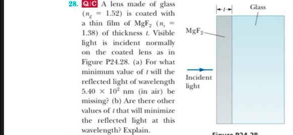 QIC A lens made of glass Glass
(n_g=1.52) is coated with
a thin film of MgF_2(n,=
1.38) of thickness t. Visible 
light is incident normally
on the coated lens as in
Figure P24.28. (a) For what
minimum value of t will the
reflected light of wavelength
5.40* 10^2nm (in air) be
missing? (b) Are there other
values of t that will minimize
the reflected light at this
wavelength? Explain.