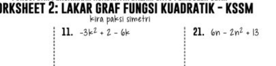 ORKSHEET 2: LAKAR GRAF FUNGSI KUADRATIK - KSSM 
kira paksi simetri 
11. -3k^2+2-6k 21. 6n-2n^2+13