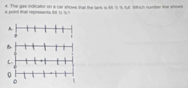 The gas indicator on a car shows that the tank is 66 ½ % full. Which number line shows 
a point that represents 66 ½ %?