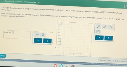 Quimion it of 13 (1 jeint) | Question Ateept 1 at t 
tansperted The Sugar Sweet Company is going to tremsport its sugar to market. It will cost $7500 to reet trucks, and it will cosl an additional $250 for each ton of sugar 
equation using the axos below. Let C represest the total cost (In dollars), and let S represent the amount of sugar (in tons) transported. Write an equation relating C to 5, and then graph your 
Equation □=C 
× a 
× 5 
T O 
Save For Later Sulevt Assiynn