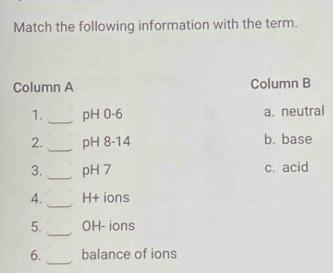 Match the following information with the term.
Column A Column B
1. _ pH 0-6 a. neutral
_
2. pH 8-14 b. base
3. _pH 7 c. acid
_
4. H+ ions
_
5. OH- ions
_
6. balance of ions