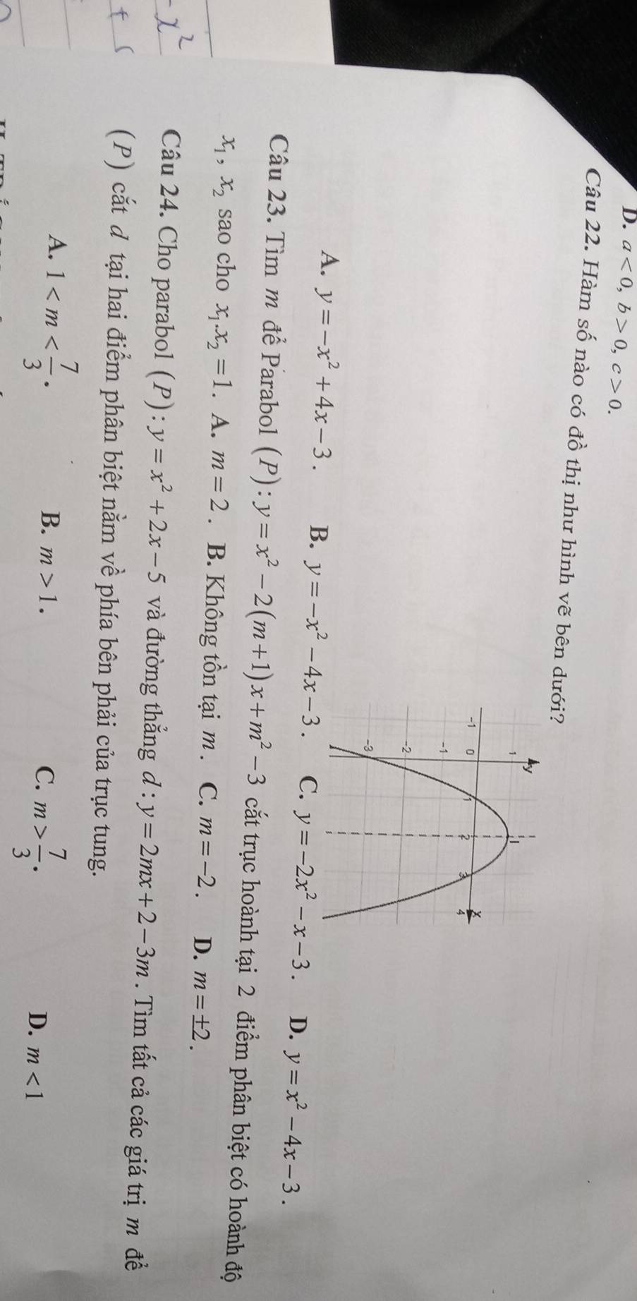 D. a<0</tex>, b>0, c>0. 
Câu 22. Hàm số nào có đồ thị như hình vẽ bên dưới?
A. y=-x^2+4x-3. B. y=-x^2-4x-3. C. y=-2x^2-x-3. D. y=x^2-4x-3. 
Câu 23. Tìm m để Parabol (P):y=x^2-2(m+1)x+m^2-3 cắt trục hoành tại 2 điểm phân biệt có hoành độ
x_1, x_2 sao cho x_1. x_2=1. A. m=2. B. Không tồn tại m. C. m=-2. D. m=± 2. 
Câu 24. Cho parabol (P):y=x^2+2x-5 và đường thắng d:y=2mx+2-3m. Tìm tất cả các giá trị m đề
(P) cắt d tại hai điểm phân biệt nằm về phía bên phải của trục tung.
A. 1 .
B. m>1. C. m> 7/3 . D. m<1</tex>