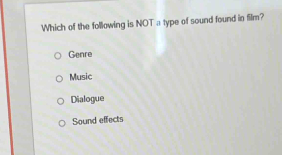 Which of the following is NOT a type of sound found in film?
Genre
Music
Dialogue
Sound effects