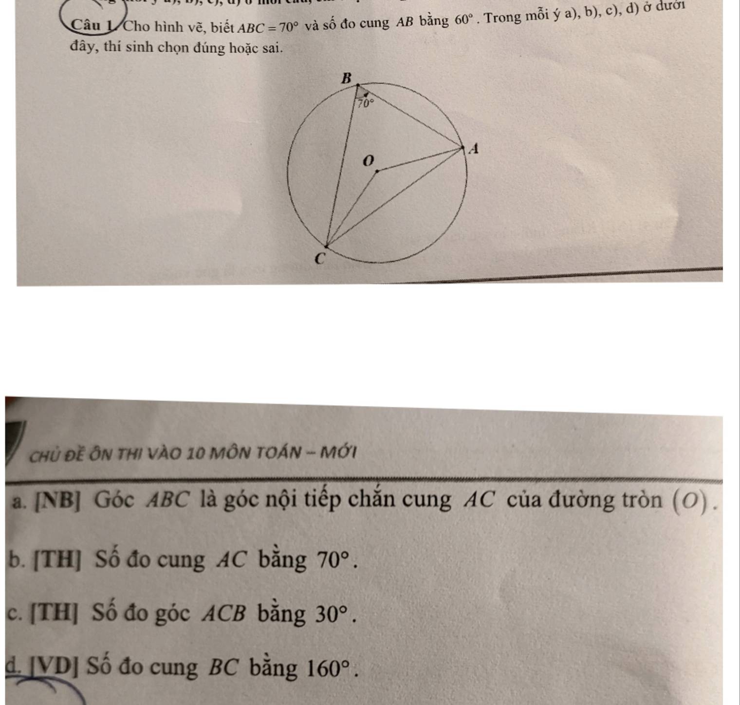 Cho hình vẽ, biết ABC=70° và số đo cung AB bằng 60°. Trong mỗi ý a), b), c), d) ở dưới
đây, thí sinh chọn đúng hoặc sai.
chủ đề ÔN THI VÀO 10 MÔN TOÁN - MỚi
a. [NB] Góc ABC là góc nội tiếp chắn cung AC của đường tròn (O) .
b. [TH] Số đo cung AC bằng 70°.
c. [TH] Số đo góc ACB bằng 30°.
d. [VD] Số đo cung BC bằng 160°.