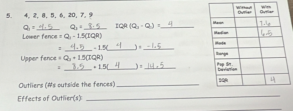 4, 2, 8, 5, 6, 20, 7, 9
Q_1= _
Q_3= _ IQR (Q_3-Q_1)= _ 
Lower fence e=Q_1-1.5(IQR)
: _ - 1.5(_  )= _ 
Upper fence =Q_3+1.5(IQR)
: _ + 1.5(_  )= _ 
Outliers (#s outside the fences)_ 
Effects of Outlier(s):_ 
_