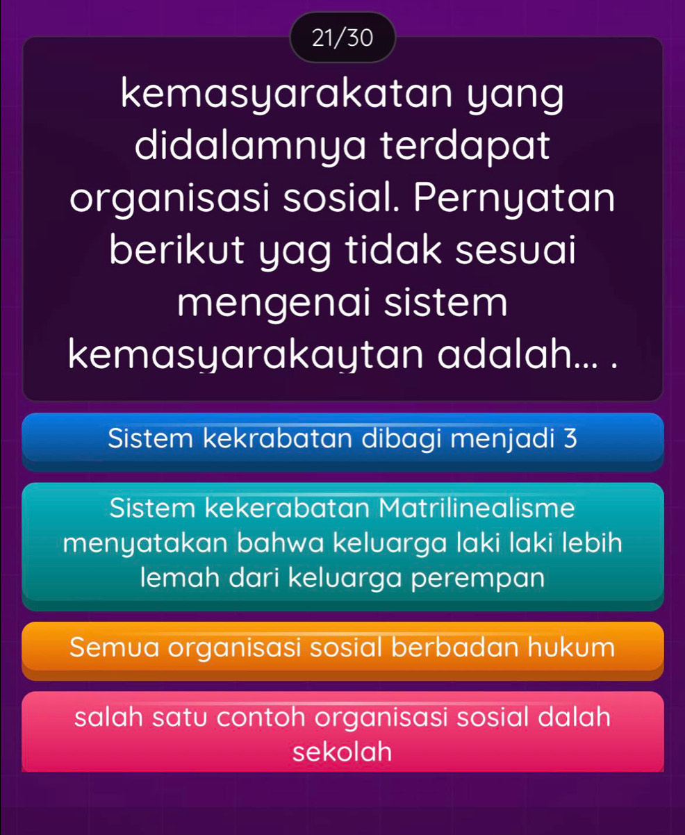 21/30
kemasyarakatan yang
didalamnya terdapat
organisasi sosial. Pernyatan
berikut yag tidak sesuai
mengenai sistem
kemasyarakaytan adalah... .
Sistem kekrabatan dibagi menjadi 3
Sistem kekerabatan Matrilinealisme
menyatakan bahwa keluarga laki laki lebih
lemah dari keluarga perempan
Semua organisasi sosial berbadan hukum
salah satu contoh organisasi sosial dalah 
sekolah