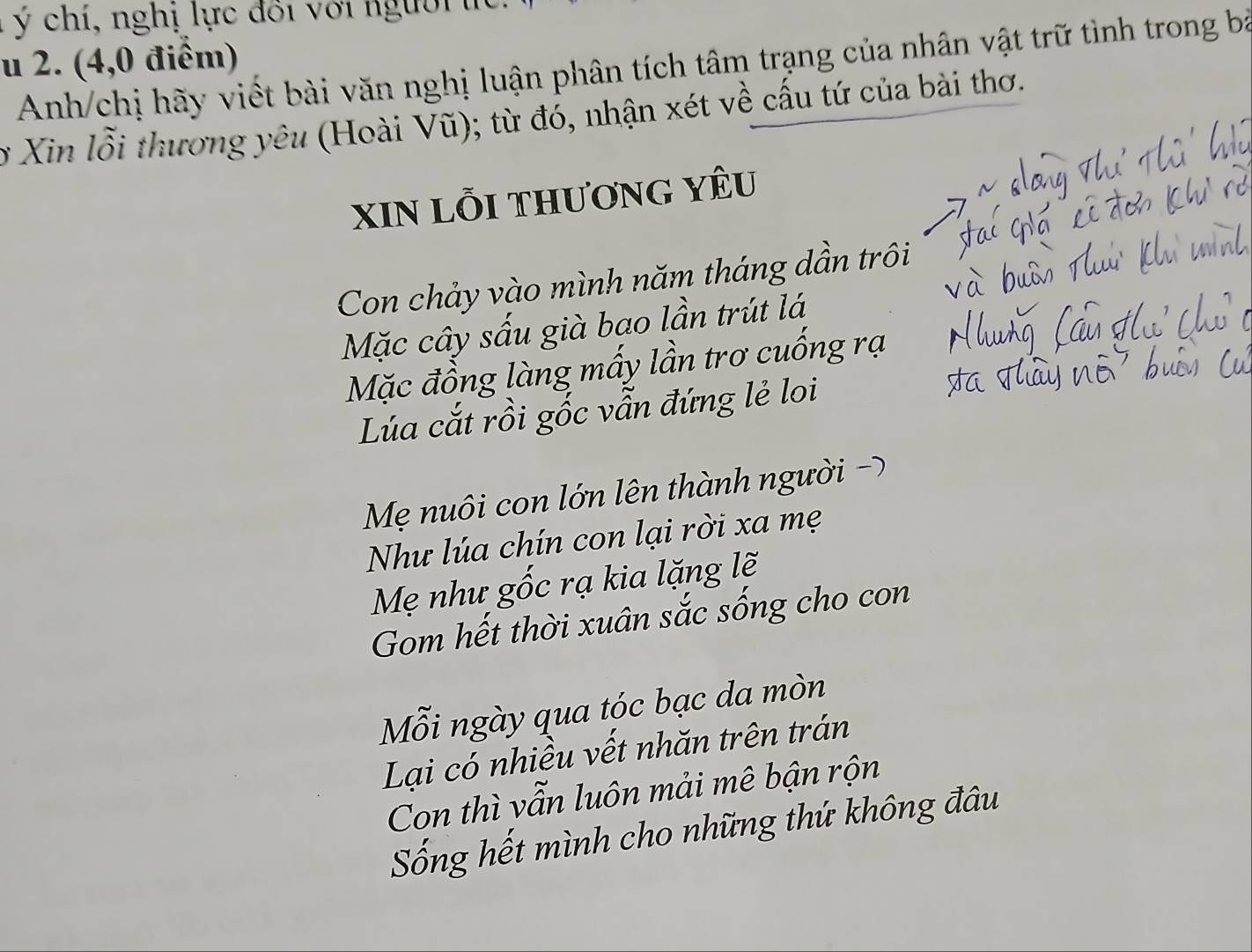 ý chí, nghị lực đồi với người tc 
u 2. (4, 0 điểm) 
Anh/chị hãy viết bài văn nghị luận phân tích tâm trạng của nhân vật trữ tình trong bà 
ở Xin lỗi thương yêu (Hoài Vũ); từ đó, nhận xét về cấu tứ của bài thơ. 
XIN lỗi thương yêu 
Con chảy vào mình năm tháng dần trôi 
Mặc cây sấu già bao lần trút lá 
Mặc đồng làng mấy lần trơ cuống rạ 
Lúa cắt rồi gốc vẫn đứng lẻ loi 
Mẹ nuôi con lớn lên thành người -> 
Như lúa chín con lại rời xa mẹ 
Mẹ như gốc rạ kia lặng lẽ 
Gom hết thời xuân sắc sống cho con 
Mỗi ngày qua tóc bạc da mòn 
Lại có nhiều vết nhăn trên trán 
Con thì vẫn luôn mải mê bận rộn 
Sống hết mình cho những thứ không đâu