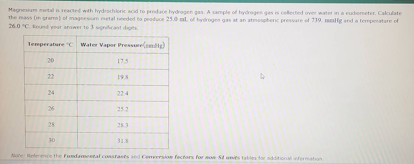 Magnesium metal is reacted with hydrochloric acid to produce hydrogen gas. A sample of hydrogen gas is collected over water in a eudiometer. Calculate
the mass (in grams) of magnesium metal needed to produce 25.0 mL of hydrogen gas at an atmospheric pressure of 739. mmHg and a temperature of
26.0°C. Round your answer to 3 significant digits.
Note: Reference the Fundamental constants and Conversion factors for non-SI units tables for additional information.
