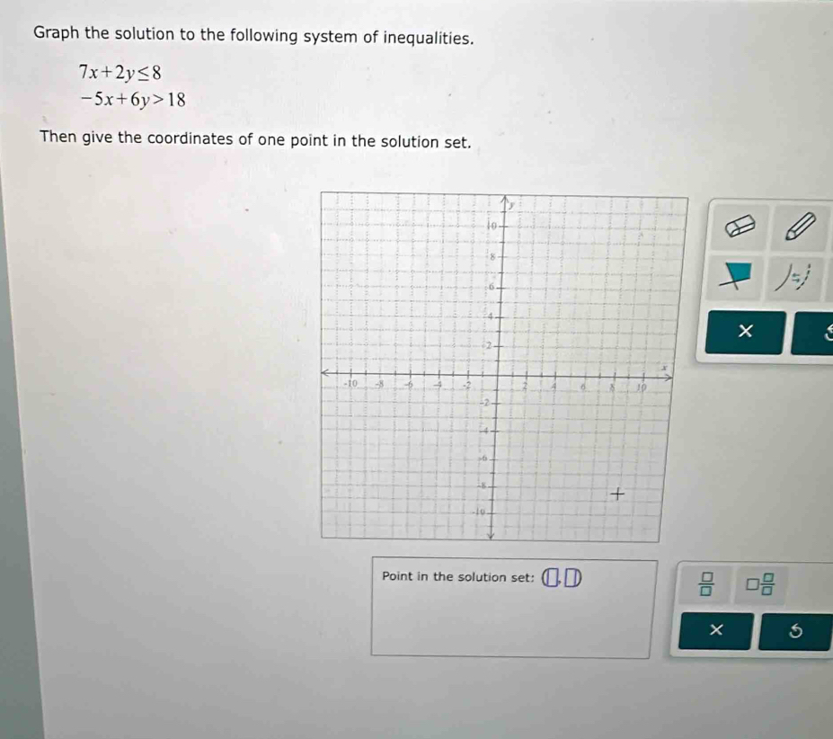 Graph the solution to the following system of inequalities.
7x+2y≤ 8
-5x+6y>18
Then give the coordinates of one point in the solution set.
x
Point in the solution set:
 □ /□   □  □ /□  